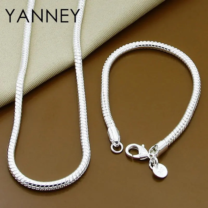 New 925 Sterling Silver 2pcs 3MM Round Snake Chain Necklace Bracelet Set Woman Man Fashion Wedding Engagement Gift Jewelry Set