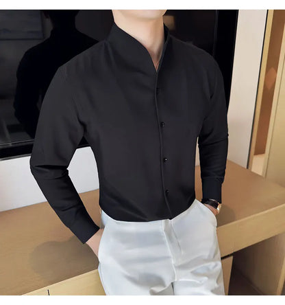 Brand Clothing Men's High Quality V-neck Long Sleeve Shirts Male Slim Fit Fashion Solid Color Office Dress Shirt 4XL-M