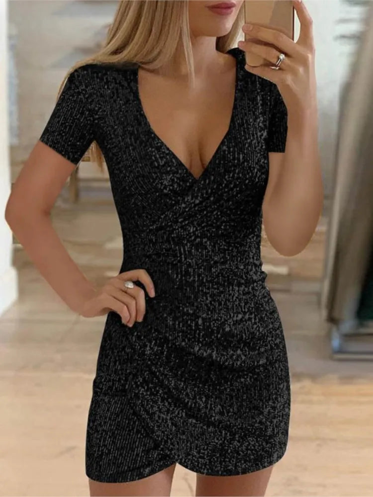 Sexy Short-sleeved Deep V-neck Dress For Women Fashion Sequined Solid Color Irregular Party Hip-covering Mini Dresses Female