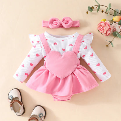 2 Pcs Baby Sweet Love Heart Fake Strap Long Sleeve Triangle Climb Dress Baby Girl Valentine's Day Triangle Onesie Dress+Bow Head