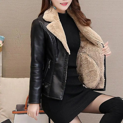 Plush Lapels Faux Faux Leather Jacket For Women Leater Jacket Spring Autumn Slim Fit Cardigan Coat Outerwear Lady Short Jacket