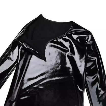 S-7XL Shiny Faux PU Leather Long Sleeve T Shirt Men Wet Look PVC Hot Shapers Tights Shapewear Tshirt Sexy Tee Shirts Tops Body