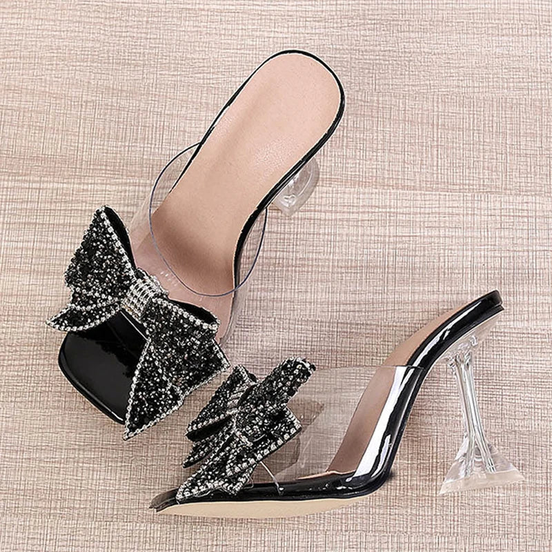 Liyke 2025 New Transparent Slippers For Women Fashion Silver Crystal Bowknot High Heels Female Mules Slides Summer Sandals Shoes