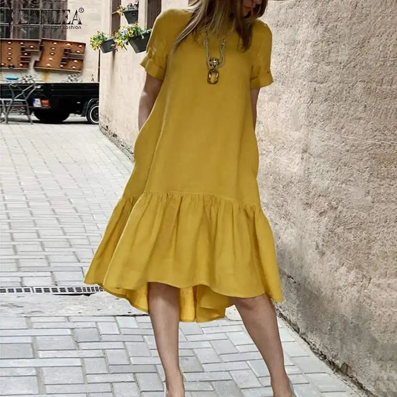 ZANZEA Women Cotton Dresses 2024 Summer Elegant Mid-calf Vestidos Casual Solid Color Short Sleeve Sundress Female O Neck Robe