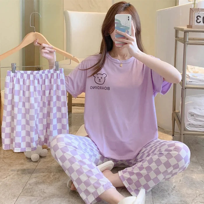 New women's summer three-piece pajamas homewear women short-sleeved trousers cartoon leisure women's homewear pajamas set