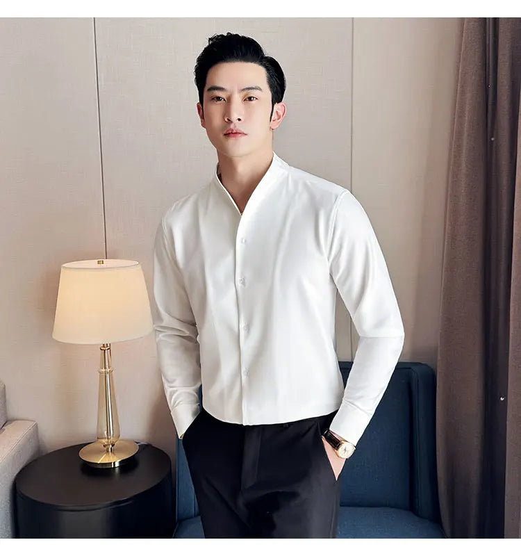 Brand Clothing Men's High Quality V-neck Long Sleeve Shirts Male Slim Fit Fashion Solid Color Office Dress Shirt 4XL-M