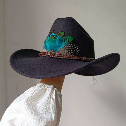 New 9CM Wide Brim Western Cowboy Hat For Men's Vintage Fascinator Cowgirl Jazz Hat Cloche Church Caps Sombrero Hombre