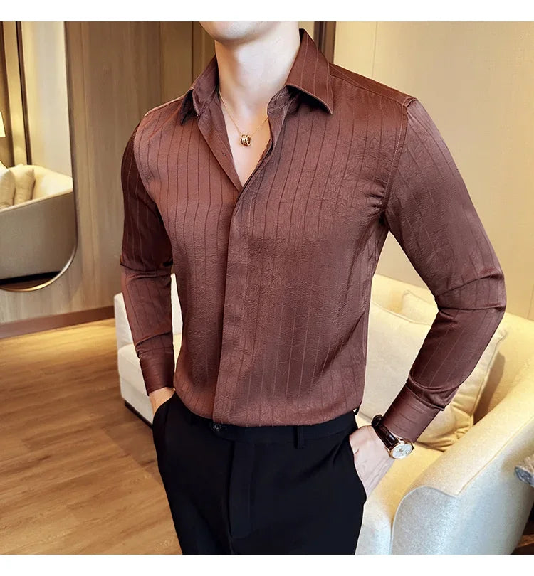 Luxury Korean Pleated Stripe Shirts For Men's High Quality Long Sleeve Slim Fit Casual Shirt Formal Social Party Tuxedo 4XL-M