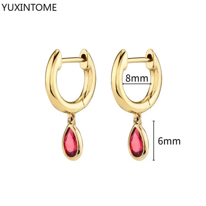 925 Silver Ear Needle Rose Red Hoop Earrings For Women Exquisite Water Drop/Flower/Heart Crystal Piercing Huggie Earring Jewelry