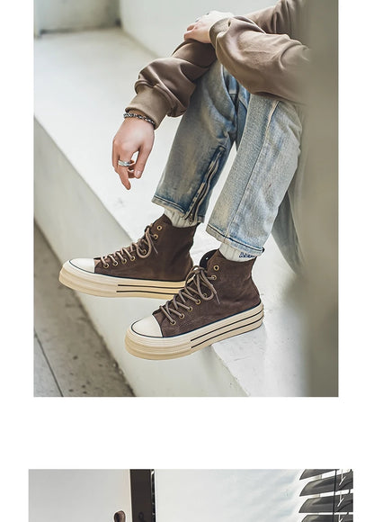 Vintage Brown Couples Casual Sneakers Comfort Suede Thick Sole Men's Shoes Trend Lace-up High Top Shoes Mens Vulcanized Sneakers