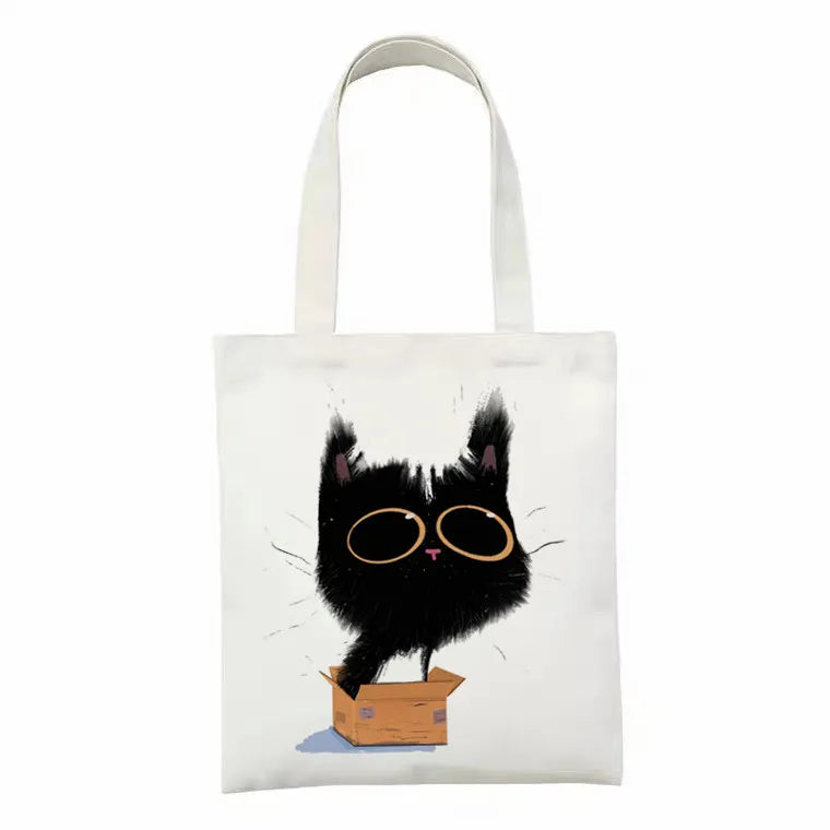 Cute Tote Bag Animals Black Cat Print Canvas Bag Eco Shopping Bag Daily Use Foldable Handbag Large Capacity Canvas Tote Women