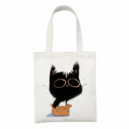 Cute Tote Bag Animals Black Cat Print Canvas Bag Eco Shopping Bag Daily Use Foldable Handbag Large Capacity Canvas Tote Women