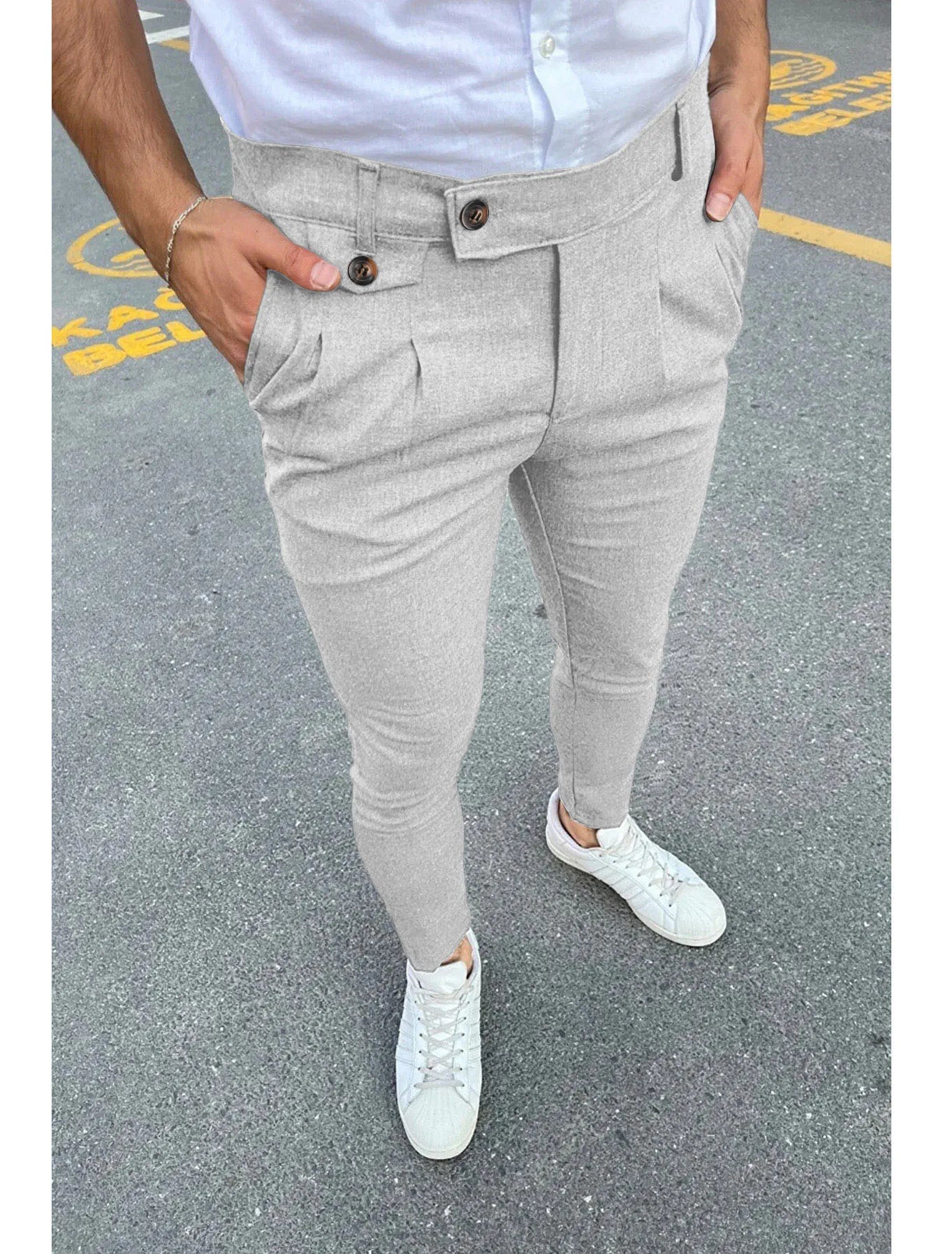 New Men's Business Casual Skinny Stretch Slim Fit Pencil Pants Trousers Fashion Zipper Mid Waist Solid Jogging Khaki Track Pants