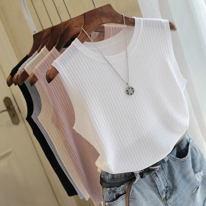 Summer Sleeveless Knitted Blouse Women Pullover O-Neck White Knit Blouse Shirt Women Tops Blusas Mujer De Moda 2024 Verano C853