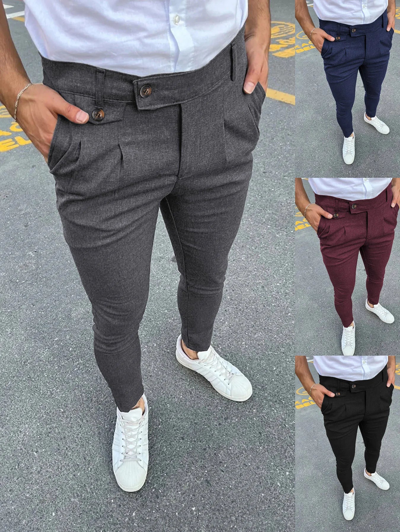 New Men's Business Casual Skinny Stretch Slim Fit Pencil Pants Trousers Fashion Zipper Mid Waist Solid Jogging Khaki Track Pants