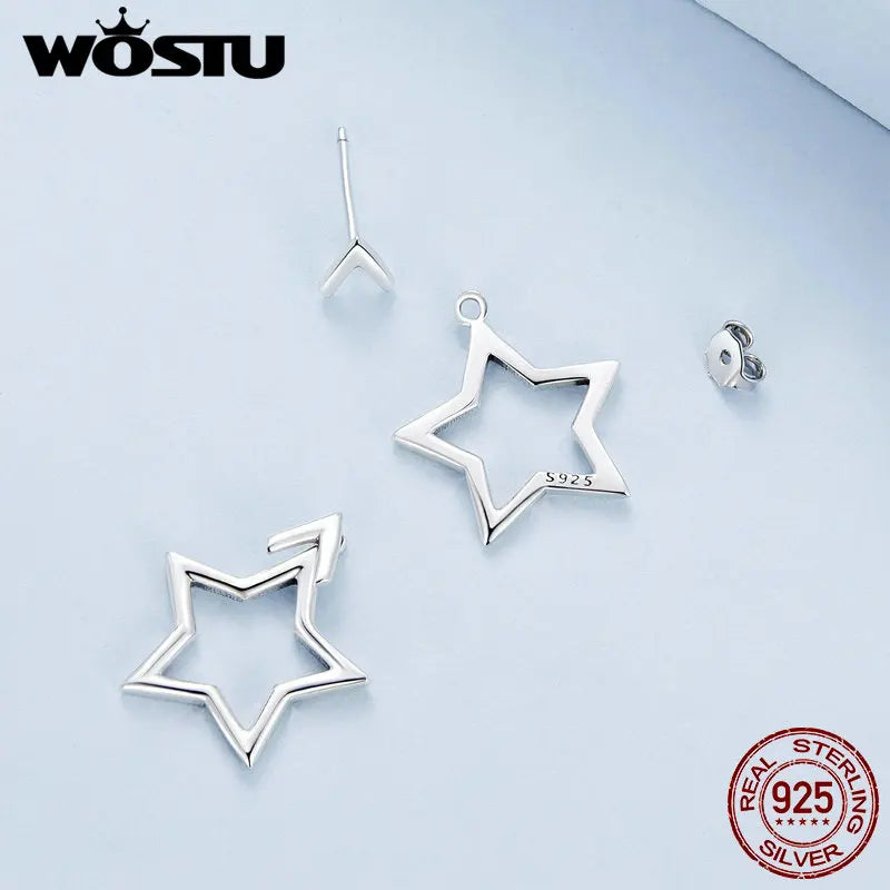 WOSTU 925 Sterling Silver Triangle Star front-back Stud Earrings Women Simple Geometric Hollow-out Ear Studs Party Jewelry Gift