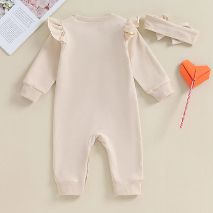 Spring Autumn Newborn Baby Girls Rompers Clothes Letter Embroidered Crew Neck Long Sleeve Jumpsuits Headband Long Pants Overalls