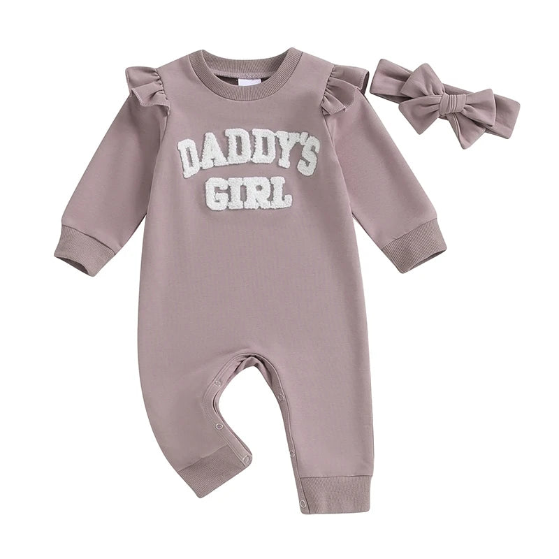 Spring Autumn Newborn Baby Girls Rompers Clothes Letter Embroidered Crew Neck Long Sleeve Jumpsuits Headband Long Pants Overalls