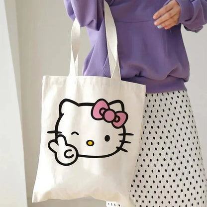 Hello Kitty Canvas Tote Bag Harajuku Y2k 90s Cartoon Girl Handbag Large Capacity Female Shoulder Bags Portable Travel Purse Gift