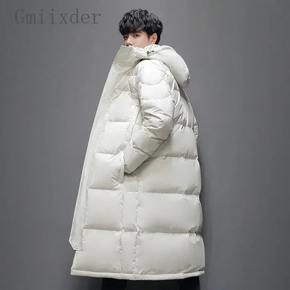 Gmiixder Unisex Warm Down Jacket Men's Thick Hooded Solid Zipper Parkas Women's Over-the-Knee Extra Long Winter Padded Jacket