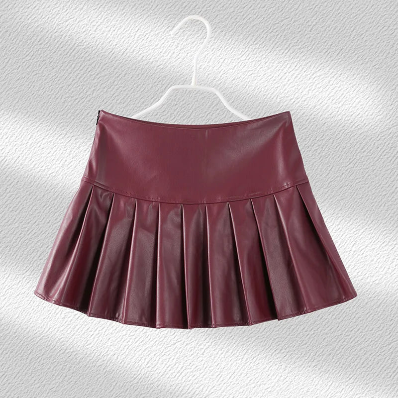 PU Leather Coat Pleated Mini Skirt Sets Women Lapel Double Breasted Long Sleeve Coats High Waist Skirts Set 2024 Lady Suits