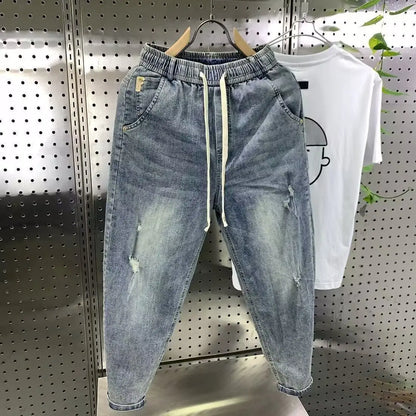 New Arrival Korean Casual Drawstring Denim Harem Pants Men's Jeans Spring Autumn Fashion Hip Hop  Loose Hole Baggy Washed Jeans