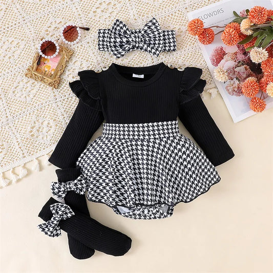 Toddler Infant Baby Girl Spring Outfits Long Sleeve Houndstooth Print Romper Dress with Headband and Long Socks