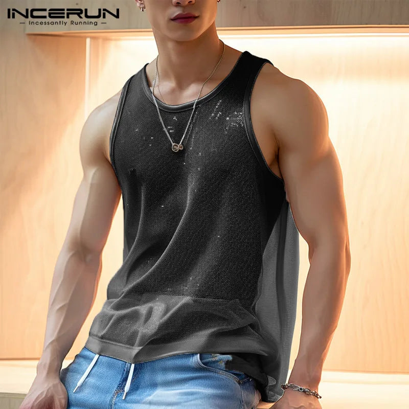 Men Tank Tops Solid O-neck Sleeve Mesh Transparent Sexy Vests Streetwear 2023 Fashion Party Casual Men Clothing S-5XL INCERUN