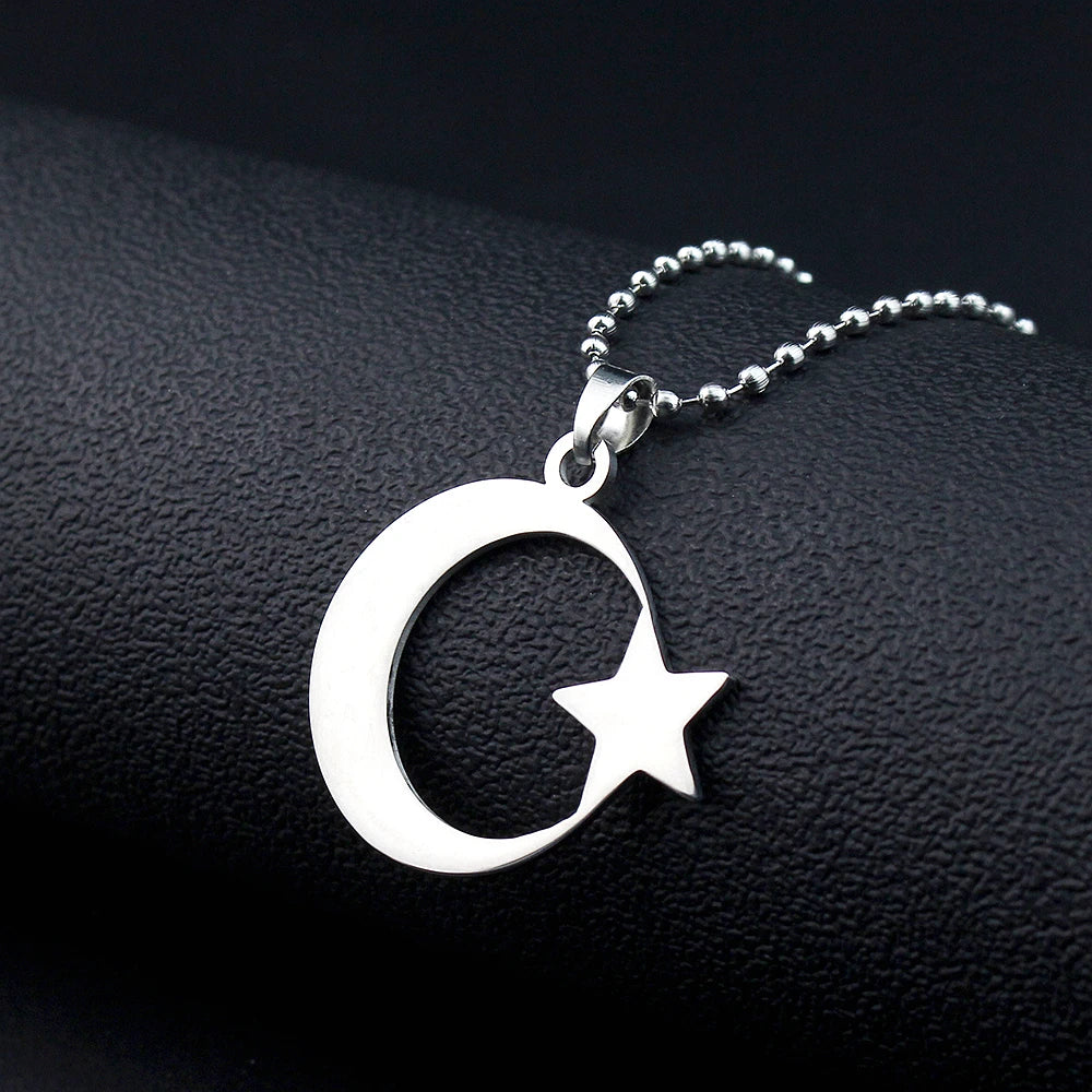 Stainless Steel Crescent Moon Star Necklace for Men Women Spiritual Islamic Muslim Amulet Pendant Turkish Religious Jewelry