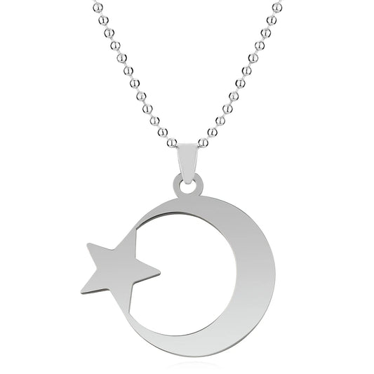 Stainless Steel Crescent Moon Star Necklace for Men Women Spiritual Islamic Muslim Amulet Pendant Turkish Religious Jewelry