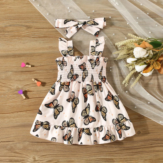 Summer Butterfly Print Small Flying Sleeve Cotton Baby Girl Dress Cute Girl Princess Dress