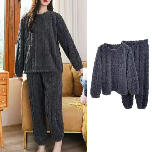 1 Set Winter Women Pajamas Warm Plush 2-Piece Sleepwear Set Stylish Solid Color Elastic High Waist Pullover Pajama Suit