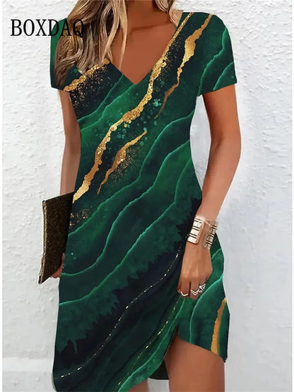 Women's Casual Dress Summer 2024 Marble Print V Neck Short Sleeve Midi Dress Tie Dye Drawing Fashion Plus Size Dress Vestidos