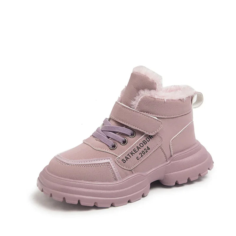 Boys Girls Sports Boots with Fur 2024 New Fashion Kids Ankle Boots Warm for Winter Sweet Students Short Boots Non-slip Soft Sole