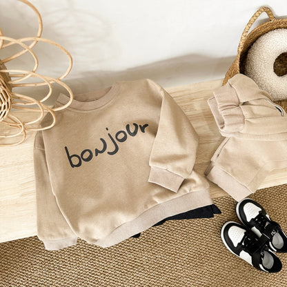 Baby Boy Clothes Set "BONJOUR" Letter Sweatshirt Hoodie+Pant Child Long Sleeve Clothing Suit Casual Letter Pullover Baby Clothes