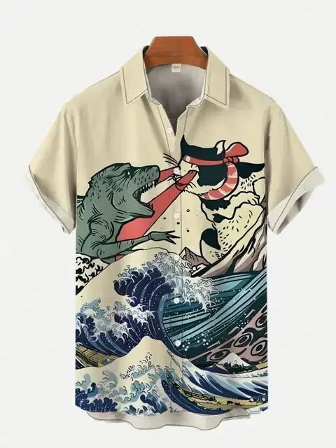 2024 New Shirt Japanese High-end Art Style Men with Aircraft Print Men's Short-sleeved Shirt Casual Men's Hawaiian Short-sleeved