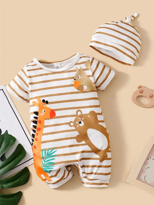 Baby Boy Cute Animals Romper Striped Short Sleeve Jumpsuit+Hat 2PCS Summer Korean Style Clothes Suit for Toddler Boy 3-24Months