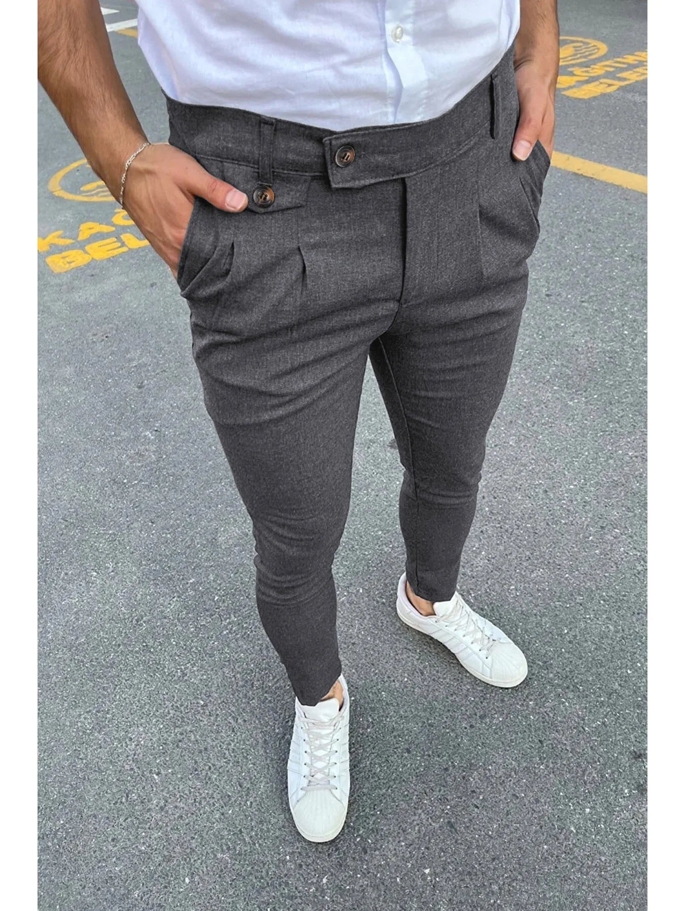 New Men's Business Casual Skinny Stretch Slim Fit Pencil Pants Trousers Fashion Zipper Mid Waist Solid Jogging Khaki Track Pants