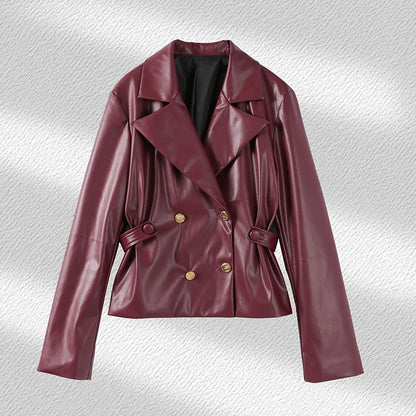 PU Leather Coat Pleated Mini Skirt Sets Women Lapel Double Breasted Long Sleeve Coats High Waist Skirts Set 2024 Lady Suits