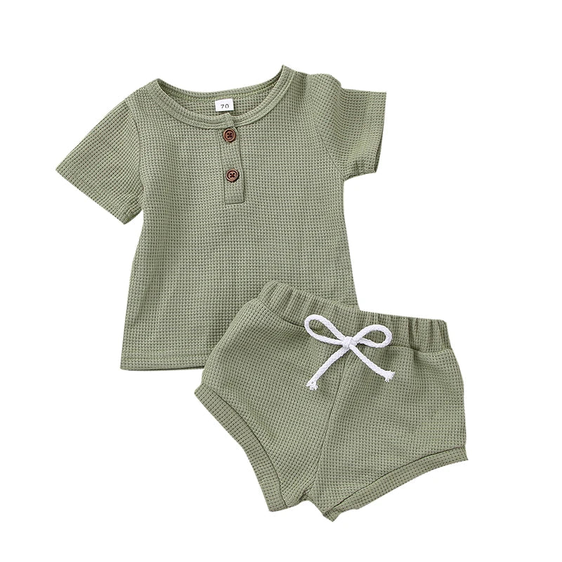 Cotton Casual Summer Newborn Baby Boys Girls Outfits Suit Ribbed Knitted Short Sleeve T-shirts Tops+Shorts 2Pcs Kids Tracksuits