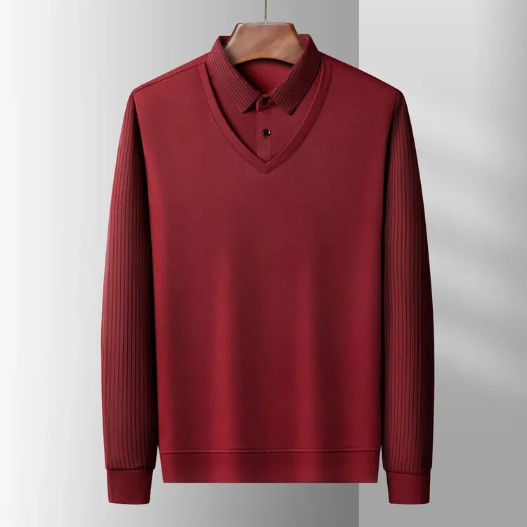 2025 Two Fake Collar Mens Daily Casual Tee Long Sleeve Sweatershirt  Pullover Tops Lapel Polo Tee