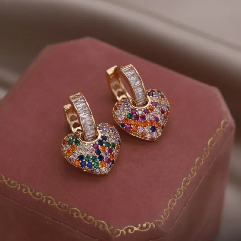 South Korea new design fashion jewelry 14K gold plated color zircon love pendant earrings luxury women's party accessories