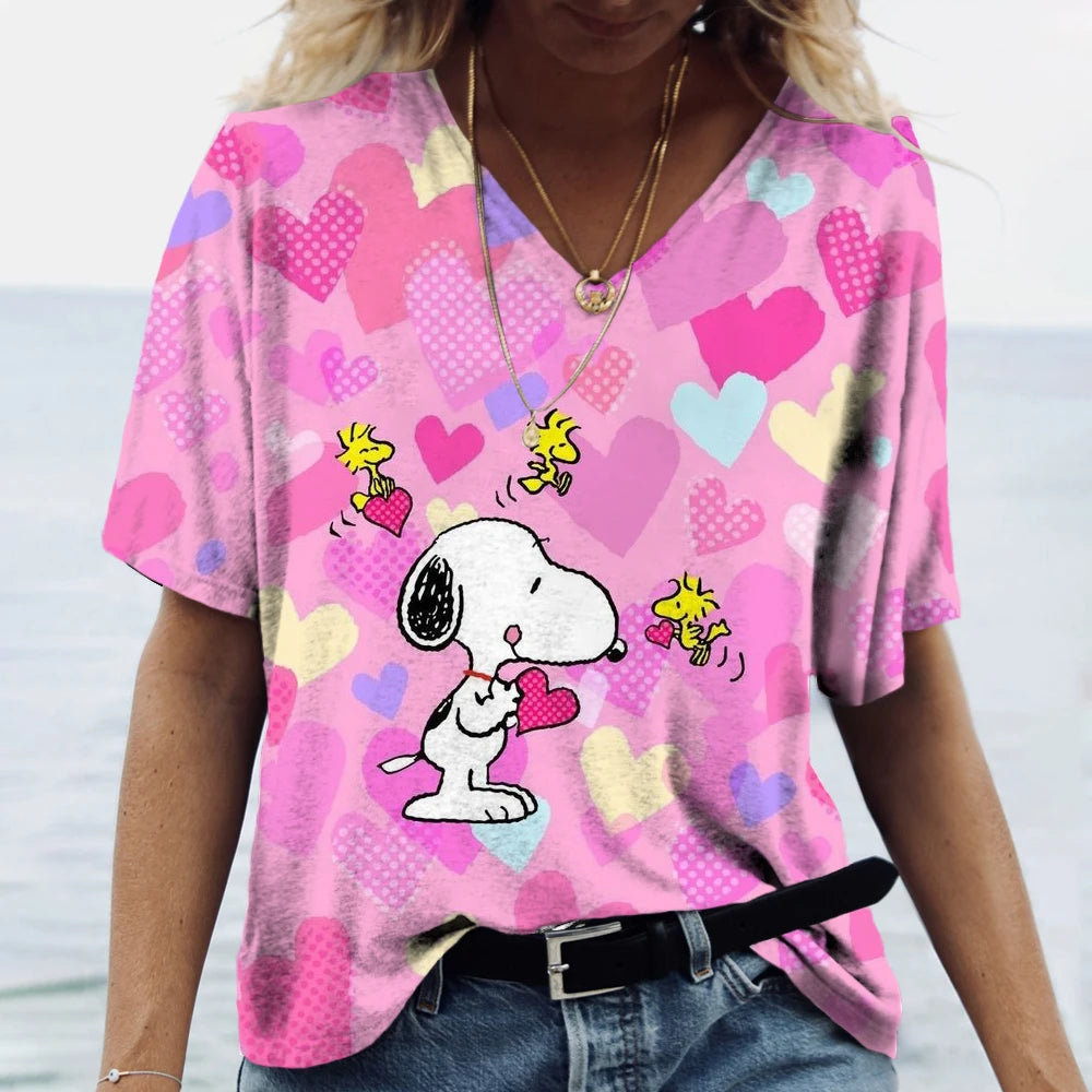 Women's T-shirts Disney Snoopy 3D print New V-neck Short Sleeve Summer Casual Women's Clothing Harajuku Y2K Hip Hop Clothe