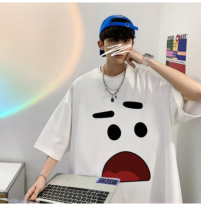 Men's Cotton Oversized T-shirts 5XL Mens T Shirt Casual Summer Wear Emote Fashion Print White Tee Shirts for Men Clothing