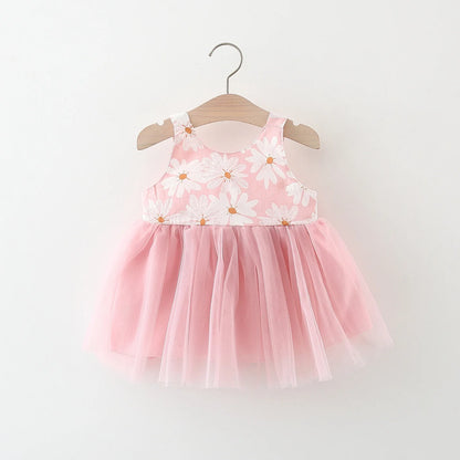 Girls Summer New Fragmented Flower Hanging Strap Mesh Skirt Children's Princess Skirt Holiday Beach Skirt Children's Clothing