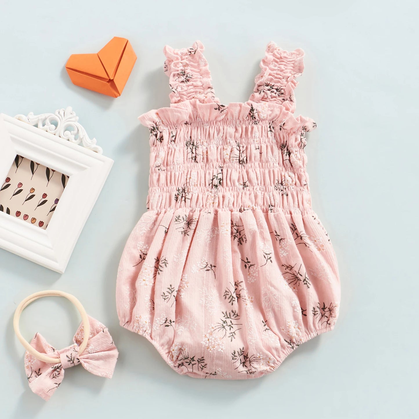 ma&baby 0-24M Summer Newborn Infant Toddler Baby Girl Romper Cute Floral Print Ruffle Sleeveless Jumpsuit Headband Outfits D05