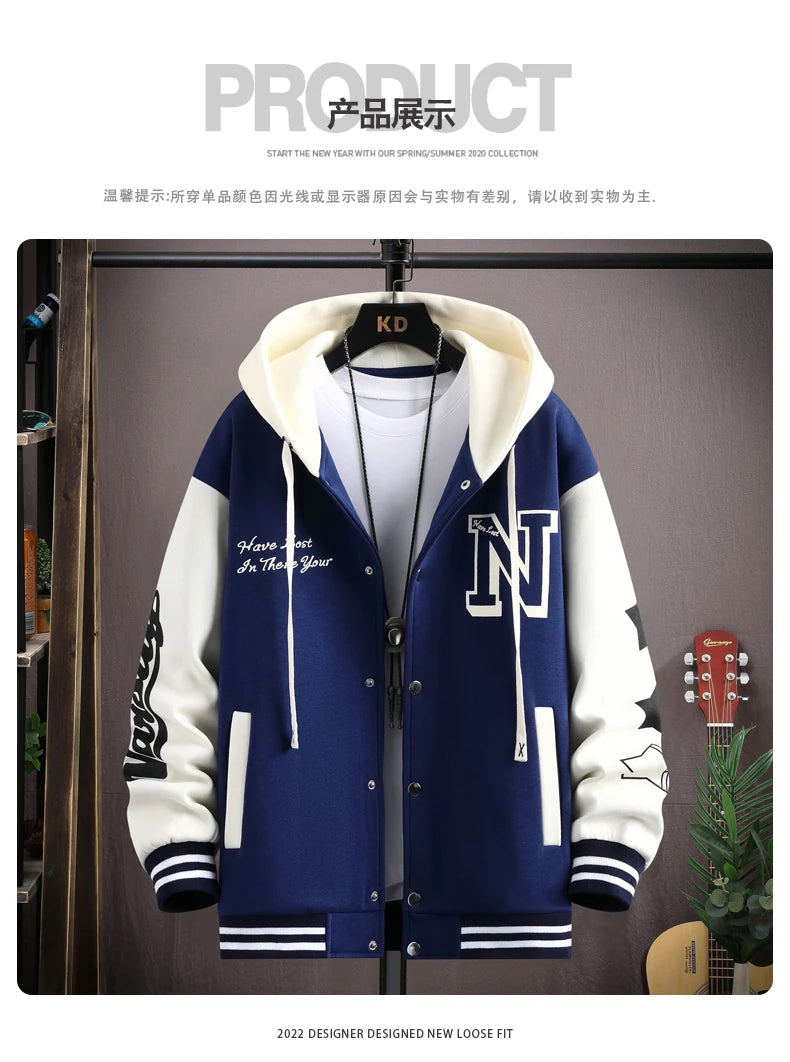 2023 Trendy Hip Hop Hooded Baseball Uniform Unisex Lightweight Sportswear Jacket Men's Bomber Jackets Autumn Coat Letter Printed