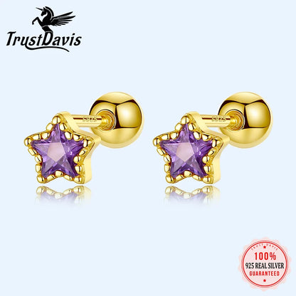 TrustDavis Real 925 Sterling Silver Fashion Geometric Star Colour CZ Screw Stud Earrings For Women Wedding Fine Jewelry DA052