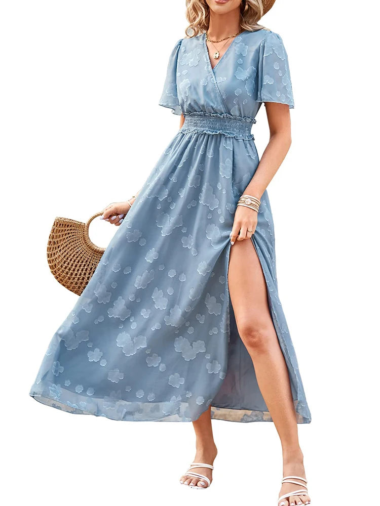 Maxi Dress Casual Summer V Neck Puff Sleeve High Waist Lace Up Dress Elegant Flowy Dress Sleeveless for Women  Thigh Slit Crosso