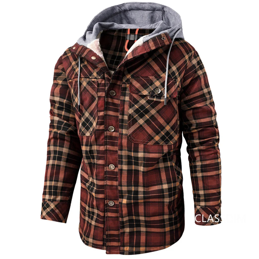 Men Winter Plaid Shirts Coats Hooded Fleece Jackets Harajuku Lg Sleeonve LoosCae sual Shirts Jackets European Style Size S-2XL